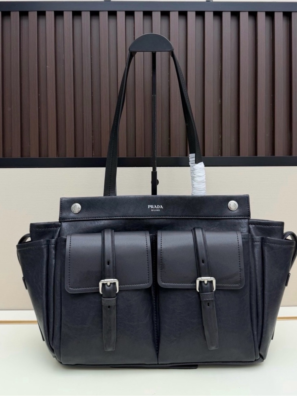 Prada Black Leather Messenger Tote with Dual Front Buckle Pockets